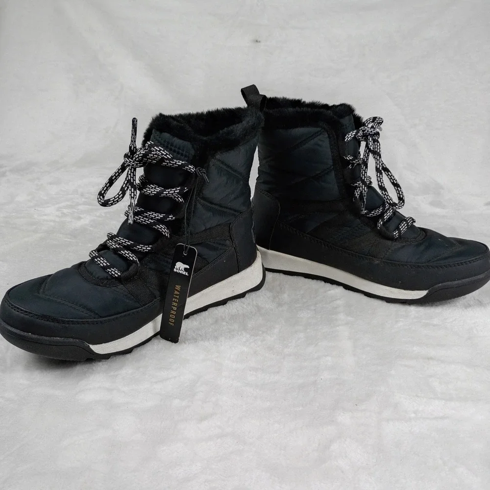 Sorel Winter Boots Womens 6 Black Excellent Waterproof Faux Fur Quilted Lace Up